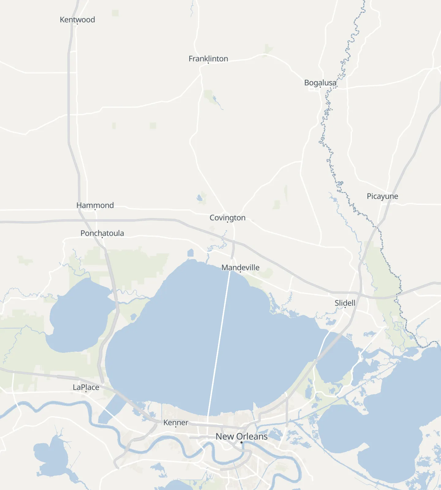 Map of southeast Louisiana from New Orleans to the Mississippi line, with Lake Pontchartrain in the middle